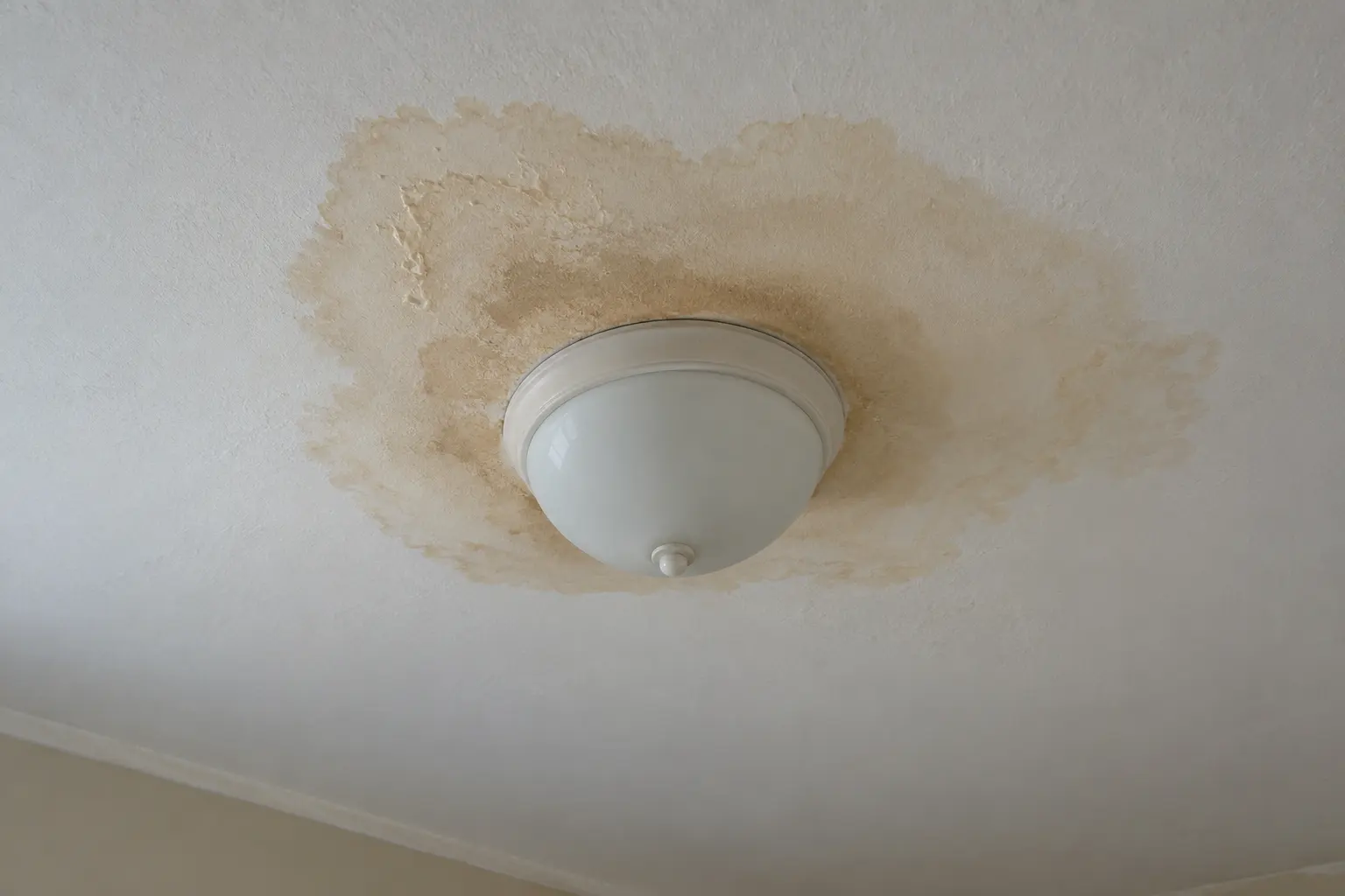 A brown water stain spreading across a painted ceiling around a light fixture