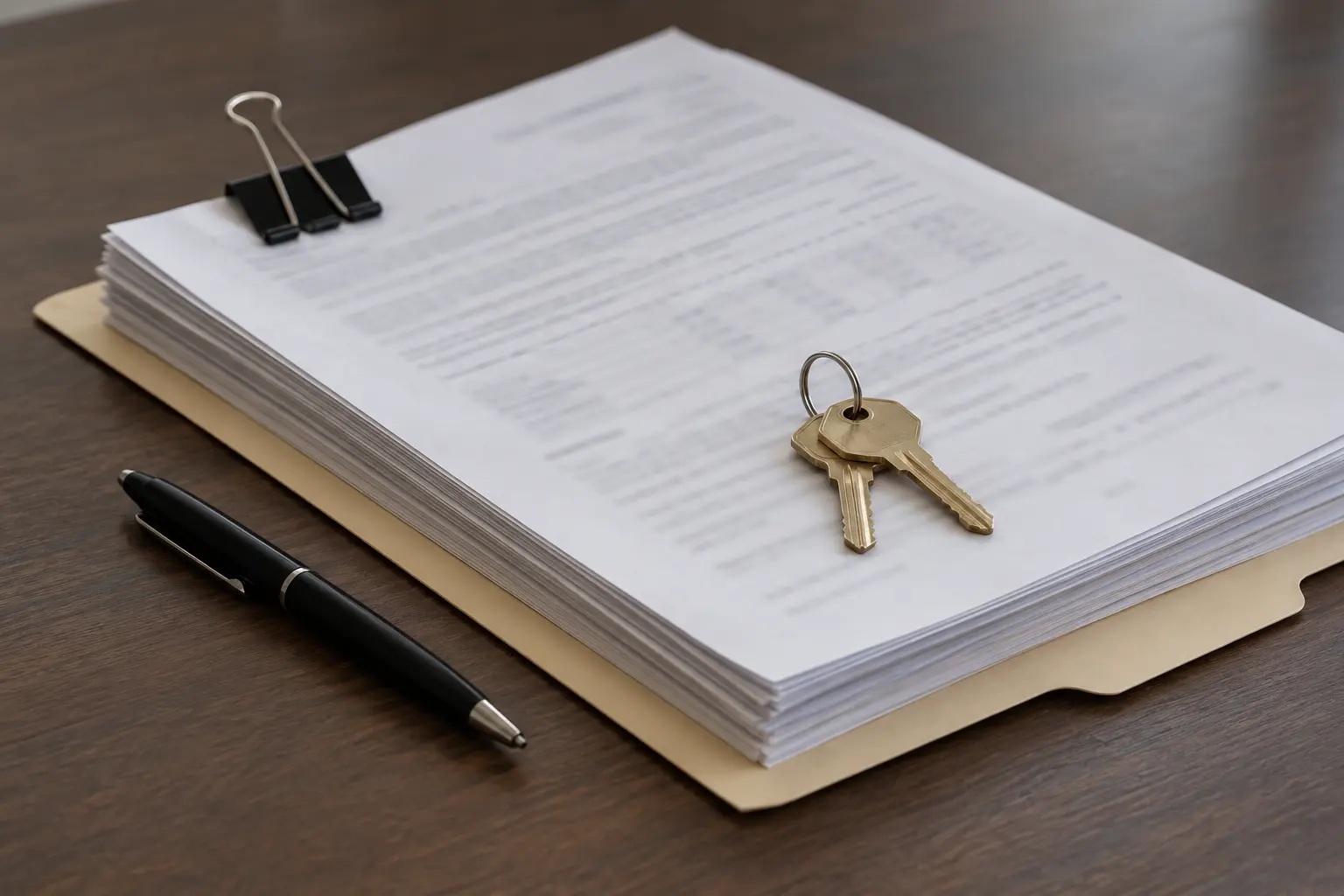 A clipped stack of mortgage closing documents with two house keys resting on top