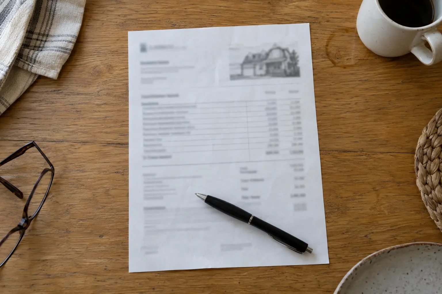 A homeowners insurance declarations page on a kitchen table with a pen across it