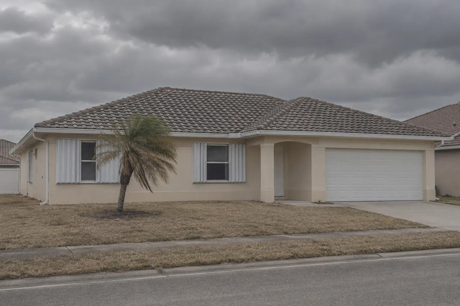 A single-story Florida concrete block house with a hip roof and hurricane shutters
