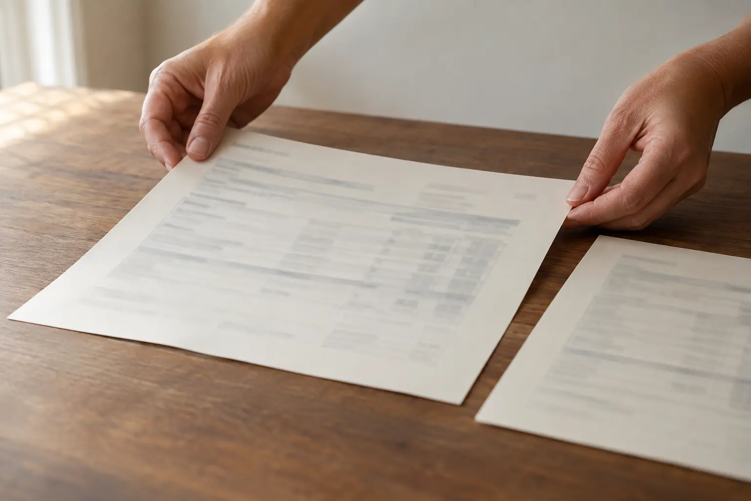 Two hands setting one printed home insurance document beside another at a table