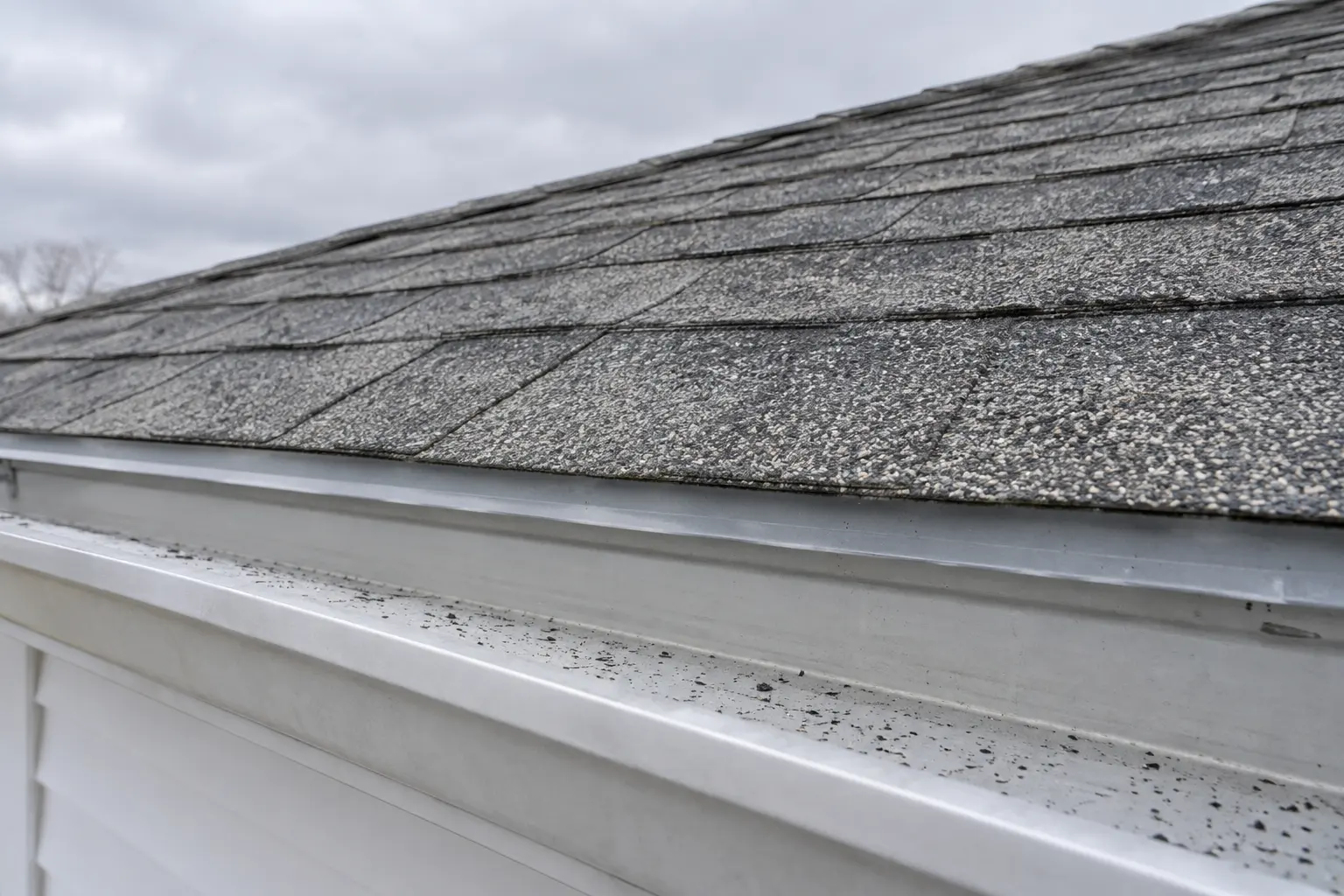 Weathered asphalt shingles, drip edge and gutter along the eave of a house
